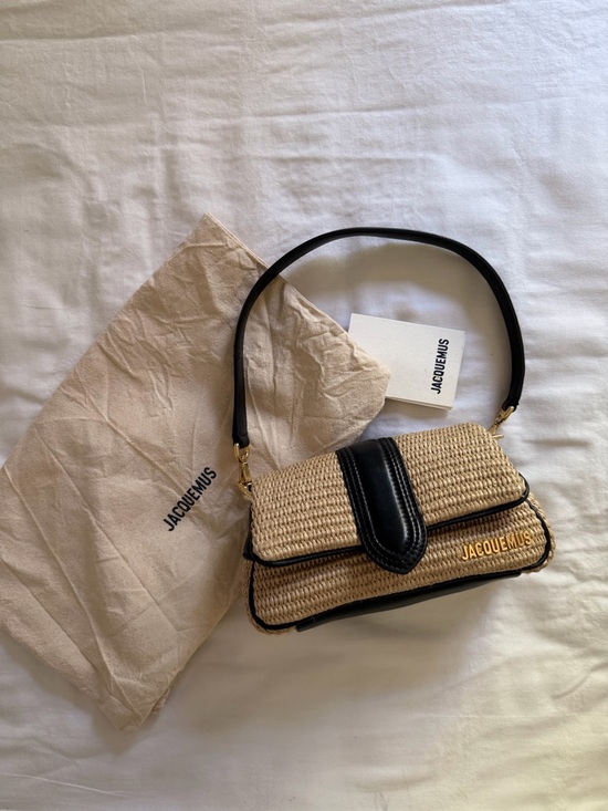 Jacquemus Handbags - Jacquemus Beige Woven Shoulder Bag with Black Trim and Gold Logo